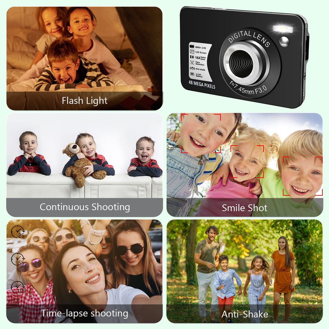 Digital Cameras - HD Compact Camera 48MP 2.7K Small Portable Camera for Teens with 16X Digital Zoom Mini Camera with 32 GB SD Card and 2 Batteries (Black), DC9black