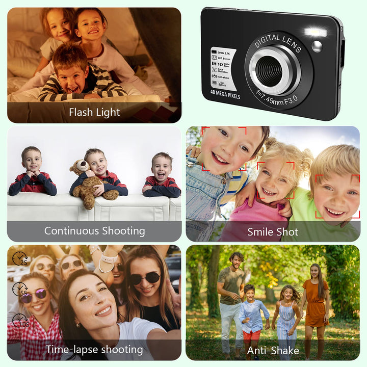 Digital Cameras - HD Compact Camera 48MP 2.7K Small Portable Camera for Teens with 16X Digital Zoom Mini Camera with 32 GB SD Card and 2 Batteries (Black), DC9black