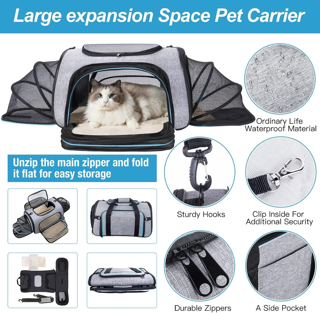 4 Way Expandable Pet Carrier, Airline Approved Collapsible Cat Soft-Sided Carriers W/Removable Fleece Pad for Cats, Puppy, Small Dogs (18x 11x 11)