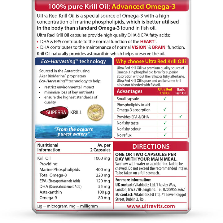 Vitabiotics Ultra Red Krill Oil Nutritional Supplement Capsule with Omega 3-9 Fatty Acids DHA EPA Astaxanthin for Heart Brain and Eye Vision Support from Antarctic Marine Phospholipids