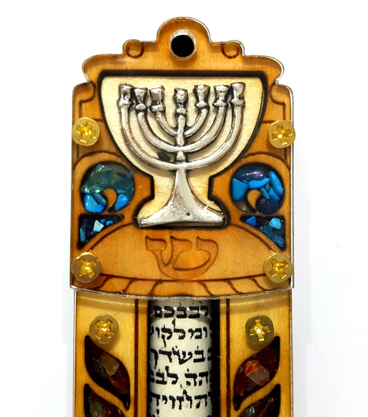 Jewish MEZUZAH CASE with Scroll Menorah Wood &amp; 