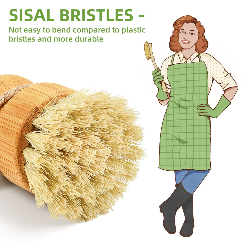 Bamboo Dish Scrub Brush for Kitchen Sink, Natural Wooden Washing Dish Brush Scrubber, Sisal Bristles Brush for Household Cleaning Cast Iron Brush Pots, Pans and Vegetables