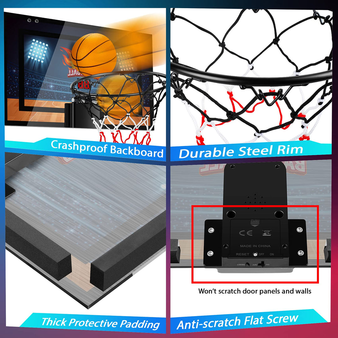 Basketball Hoop Indoor, Basketball Mini Hoop Pro Basketball Hoop Over The Door with Cool LED Lights, Boys Gifts Basketball Toys Gifts Room Accessories for Teen Boys 8-12