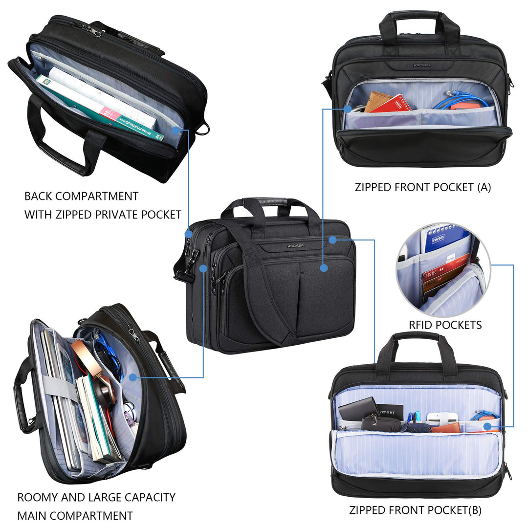 Laptop Bag Expandable Lightweight Briefcase for 17.3 Laptop Premium Business Work Bag Water-Repellent Messenger Bag with RFID Pockets for Travel/Women/Men-Black