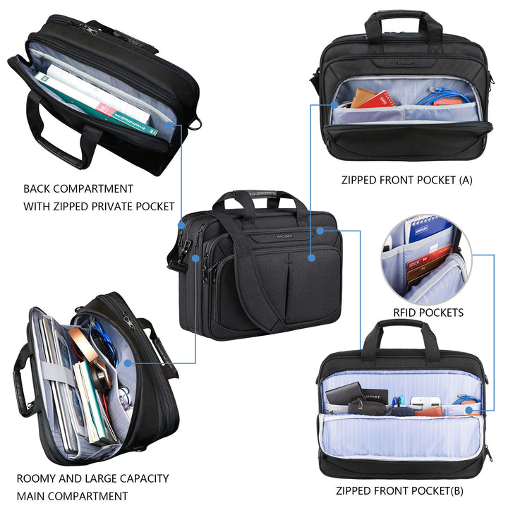 Laptop Bag Expandable Lightweight Briefcase for 17.3 Laptop Premium Business Work Bag Water-Repellent Messenger Bag with RFID Pockets for Travel/Women/Men-Black