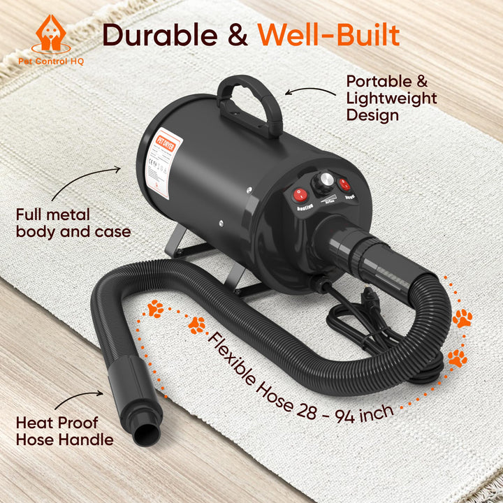 High-Velocity Dog Dryer for Grooming - Quiet Pet Hair Blow Dryer with Heater, 4 Nozzles &amp; Adjustable Speed - Professional Dog Blower for Large Dogs, Thick Coats &amp; Deshedding
