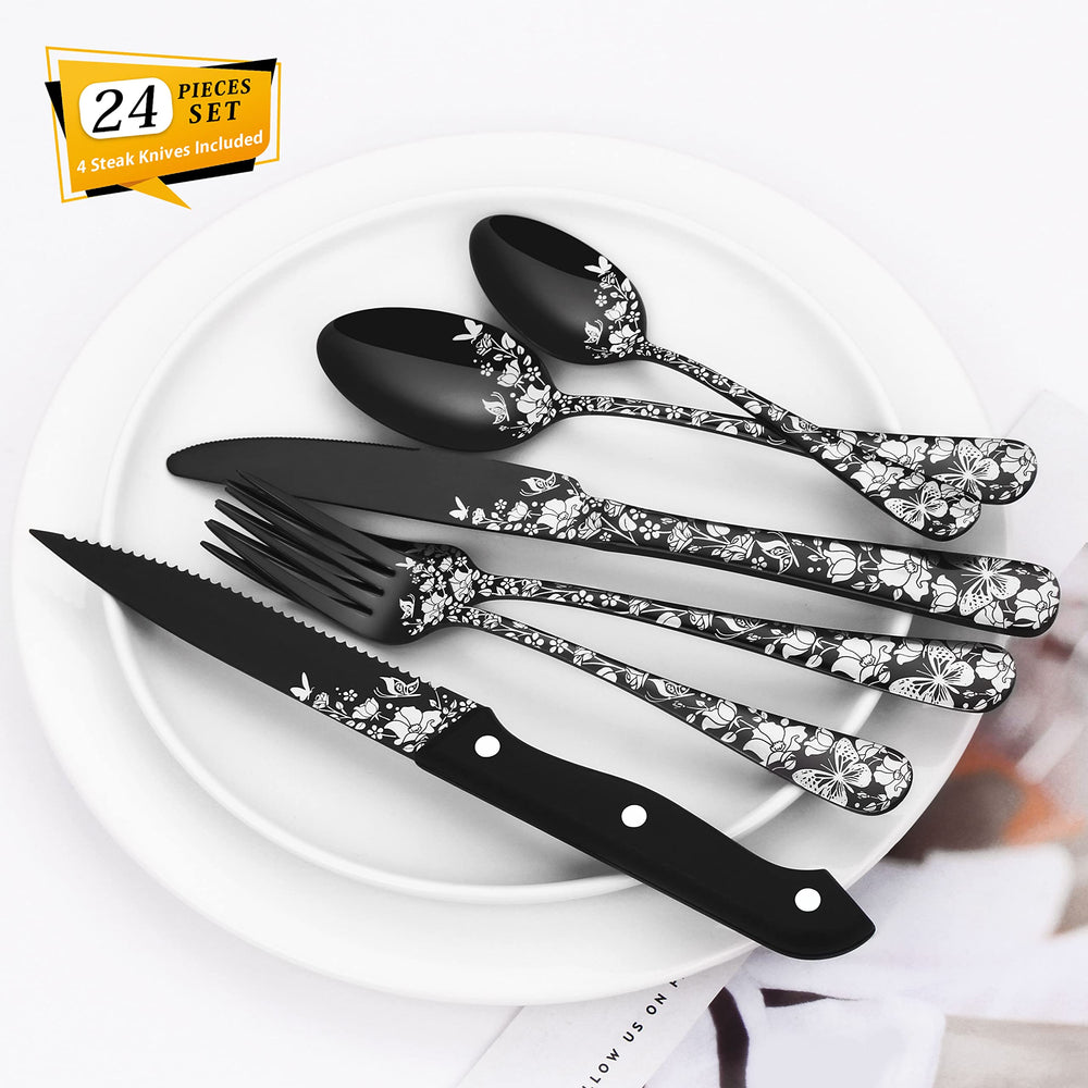 Stapava 24-Piece Black Silverware Set with Steak Knives