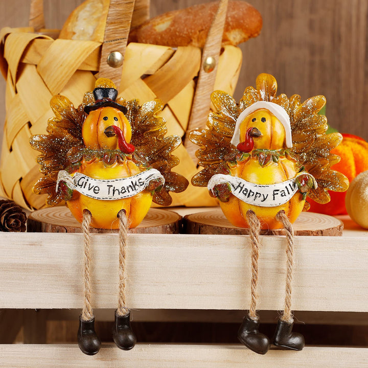 Thanksgiving Turkey Figurines, Set of 2 Resin Turkey Shelf Sitters with Dangling Legs, Give Thanks Happy Fall Harvest Sculpture for Window Sill Kitchen Tabletop Autumn Home Decor