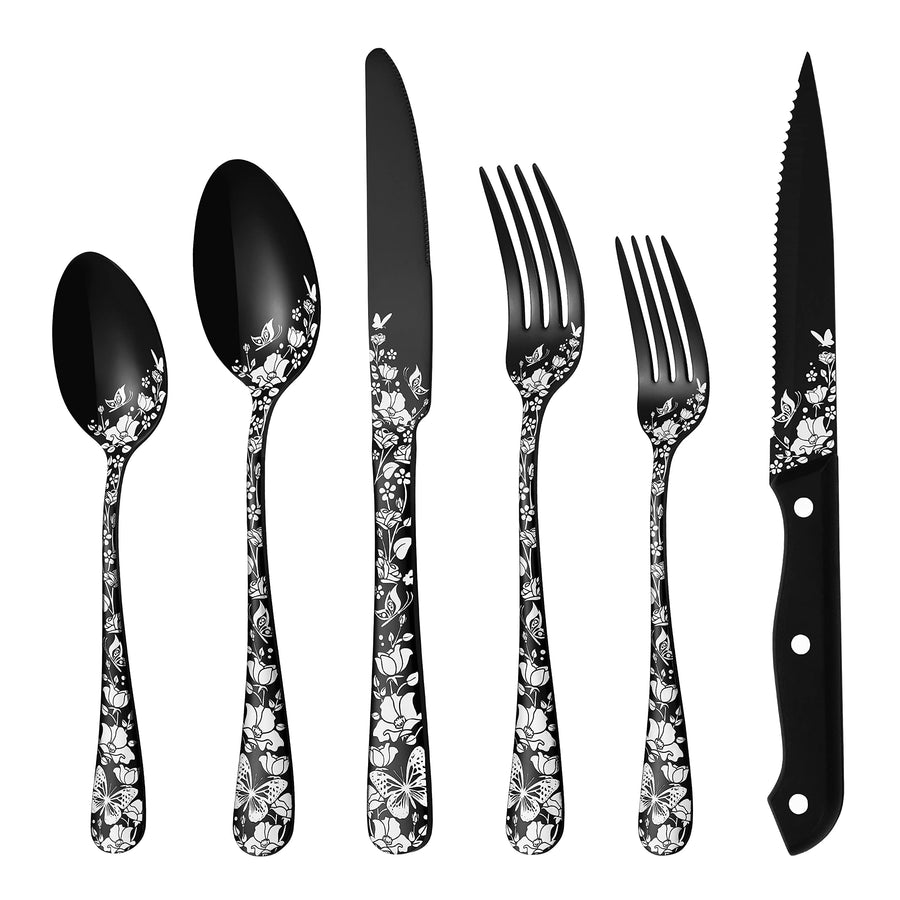 Stapava 24-Piece Black Silverware Set with Steak Knives