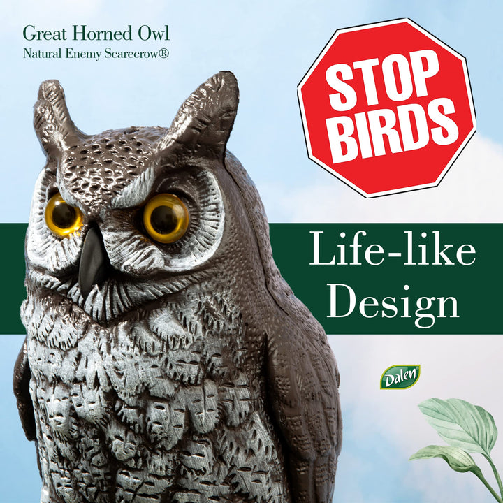 Fake Owl Decoy to Scare Birds Away from Gardens, Rooftops, and Patios - Scarecrow Provides Chemical-Free Pest Control - Safe and Humane, 16 Great Horned Owl