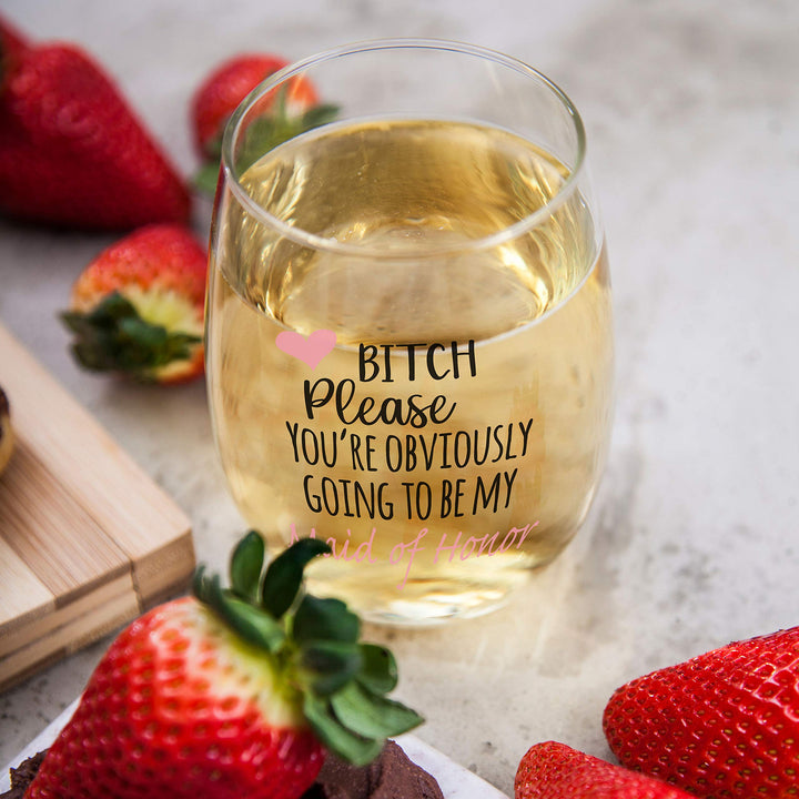 You&#39;re Obviously Going To Be My Maid Of Honor Funny Stemless Wine Glass 15oz – Bridesmaid Proposal Gifts for Best Friend or MOH - Perfect Present for Wedding or Bachelorette Party