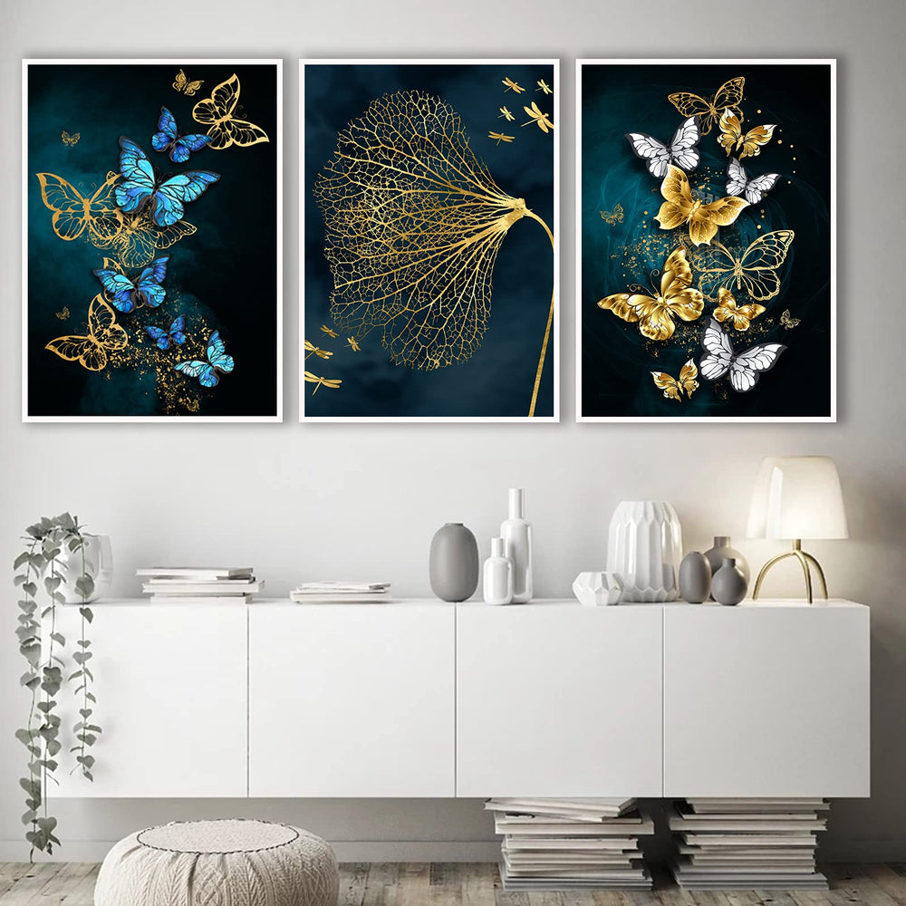 Painting On Canvas Wall art Modern Minimalist Poster Blue Gold Butterfly Mural Decoration for Living Room Home Decor No Frame (20X28inchX3 Unframed)