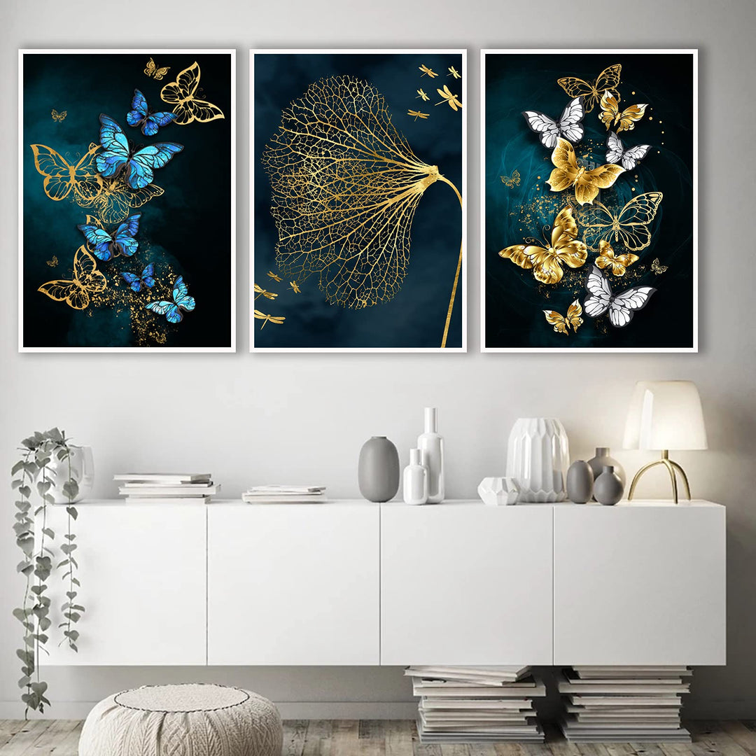 Painting On Canvas Wall art Modern Minimalist Poster Blue Gold Butterfly Mural Decoration for Living Room Home Decor No Frame (20X28inchX3 Unframed)