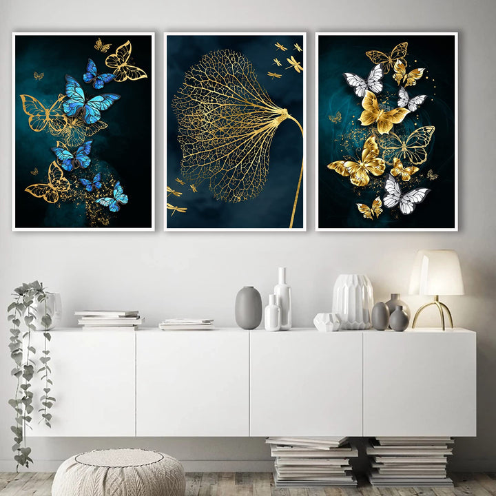 Painting On Canvas Wall art Modern Minimalist Poster Blue Gold Butterfly Mural Decoration for Living Room Home Decor No Frame (20X28inchX3 Unframed)