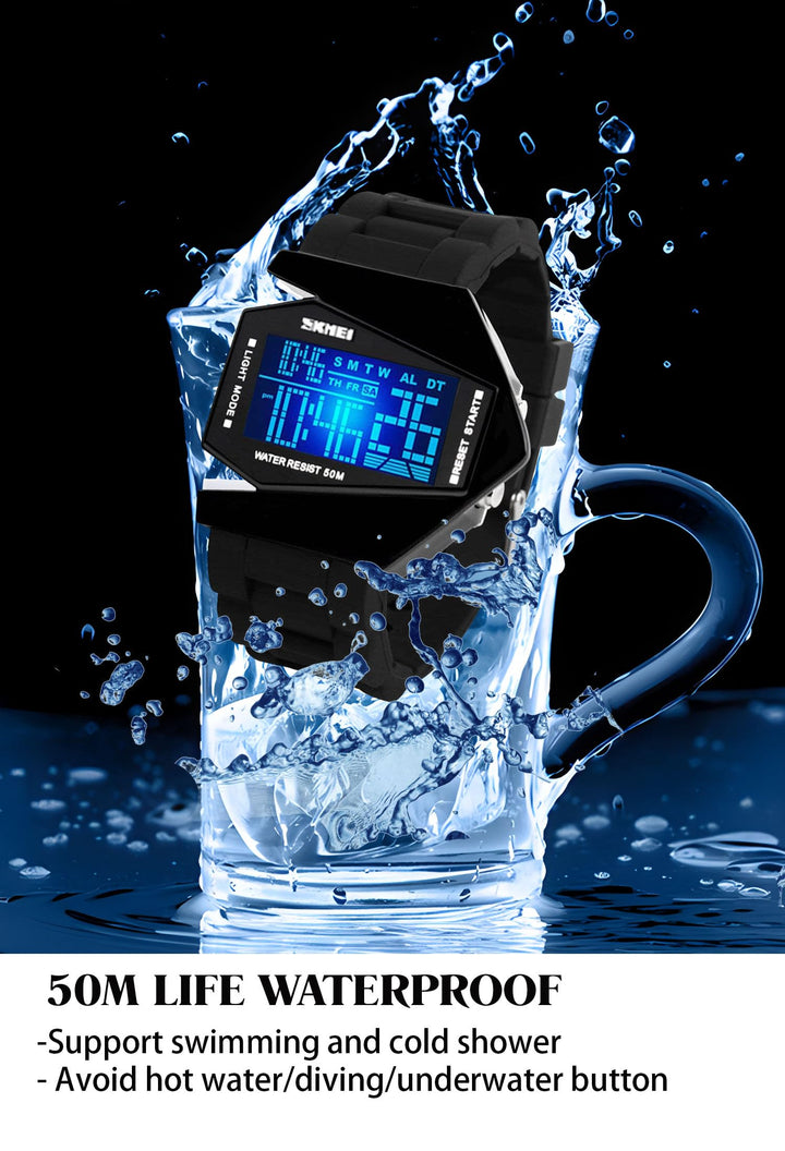 Men Sports Military Watches 5 ATM Digital Airplane Shaped Fashion LED Colorful Light Men Watch (Black)