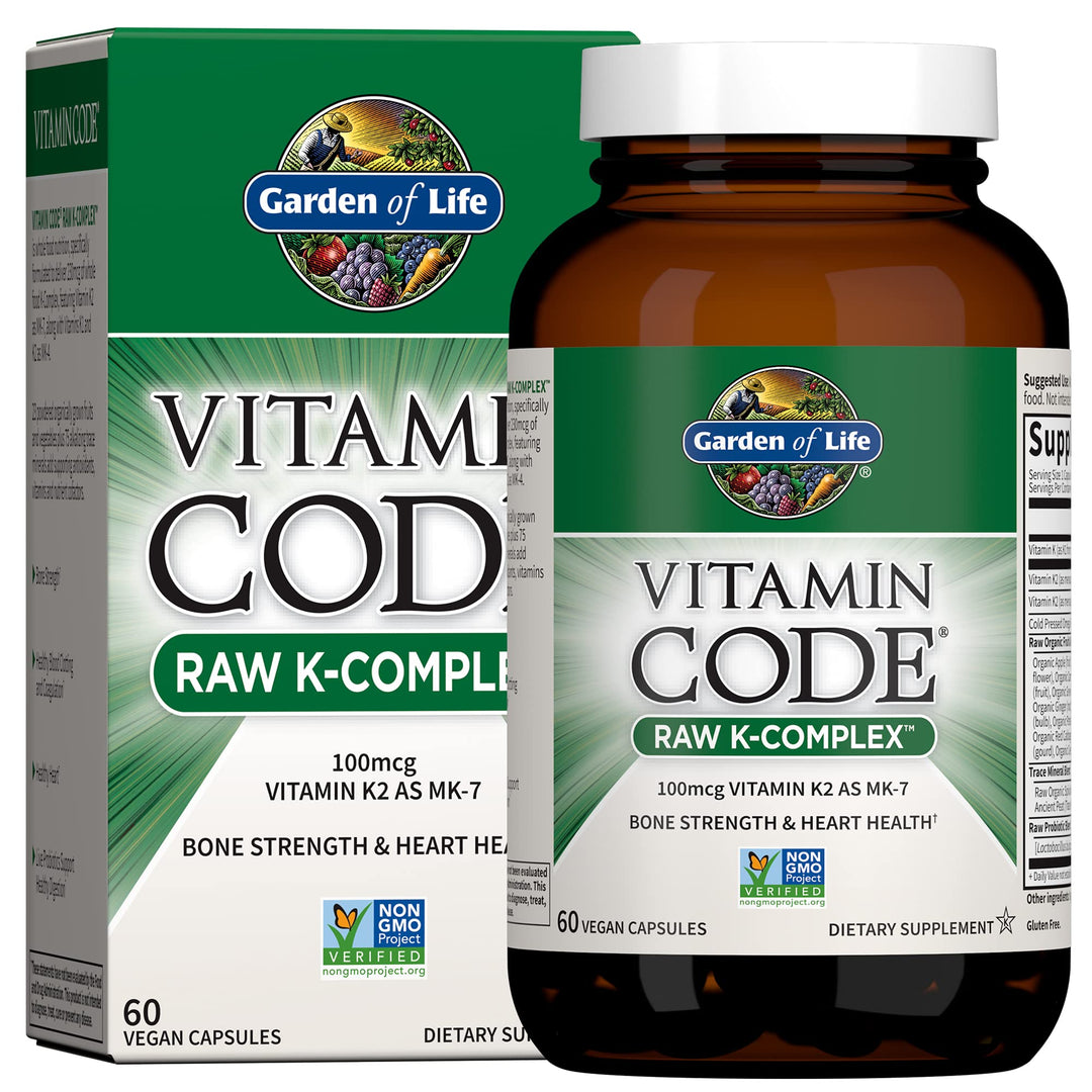 Vitamin K2 and K1, Vitamin Code Vegan K Complex Vitamin for Bone Strength and Heart Health, Vitamin K1 and K2, Omega Rich Flax Seed Oil, Trace Minerals, Probiotics, 60 Day Supply