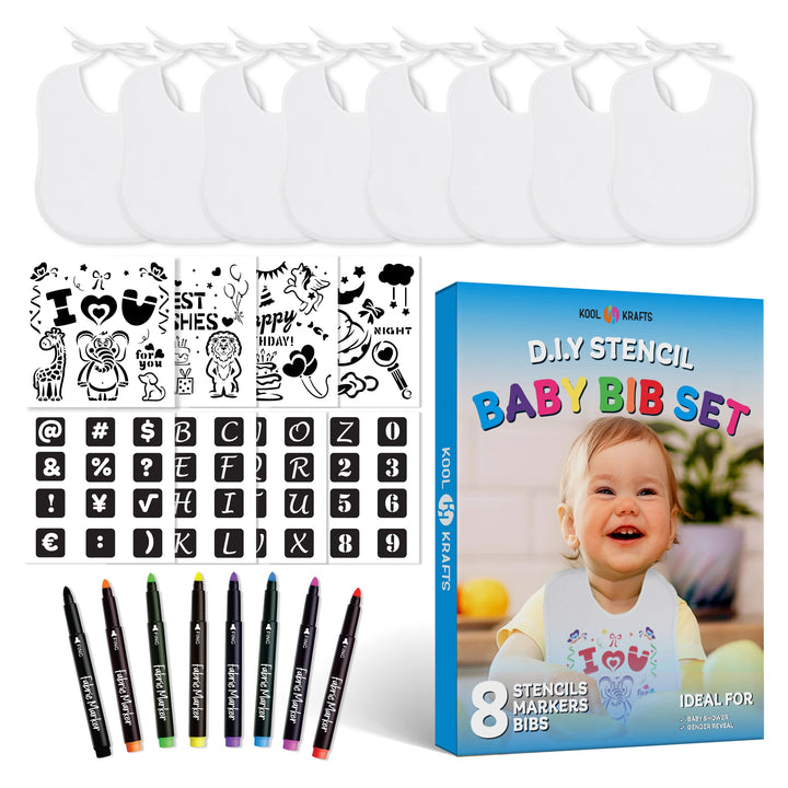 Baby Bibs Set - 2 Ply Knit Terry Solid White Feeder Bibs - Kit Includes, 8 Bibs, 8 Fabric Markers, 8 Stencils, Baby Gifts - Registry For Baby - Gender Reveal - Gift for Baby Party - Baby Shower Game