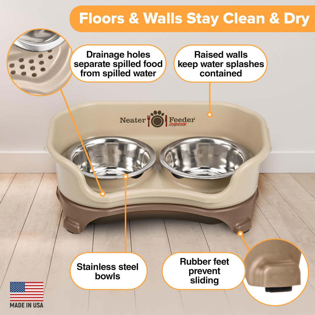 - Express Model - Mess-Proof Dog Bowls (Small, Cappuccino) – Made in USA – Elevated, No Spill, Non-Tip, Non-Slip, Raised Stainless Steel Food &amp; Water Pet Bowls