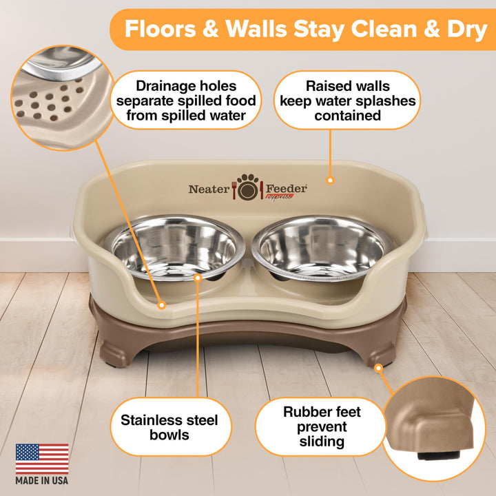 - Express Model - Mess-Proof Dog Bowls (Small, Cappuccino) – Made in USA – Elevated, No Spill, Non-Tip, Non-Slip, Raised Stainless Steel Food &amp; Water Pet Bowls