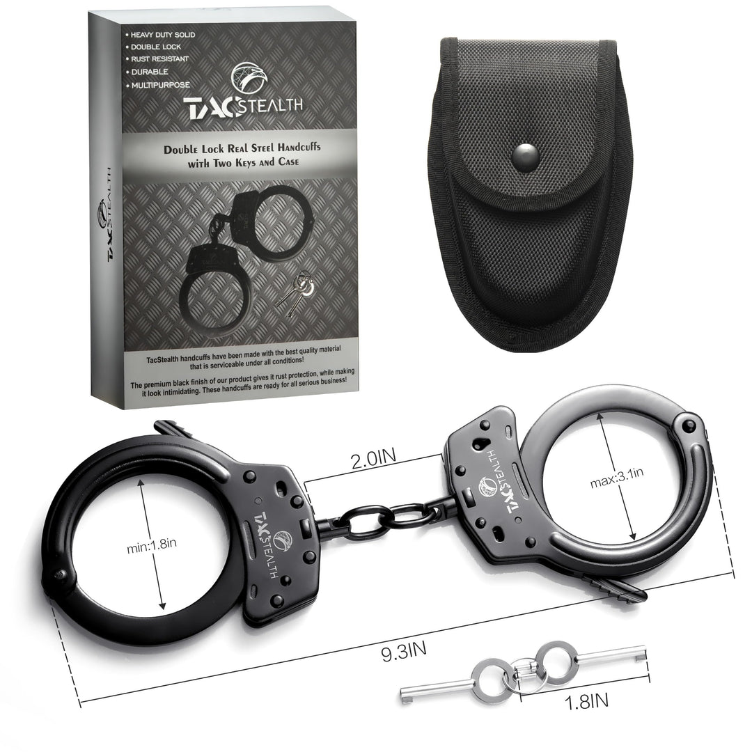 Steel Handcuffs with Two Keys &amp; Handcuffs Case | Heavy Duty Black Steal Professional Grade | Bend/Break Free Secure Handcuffs