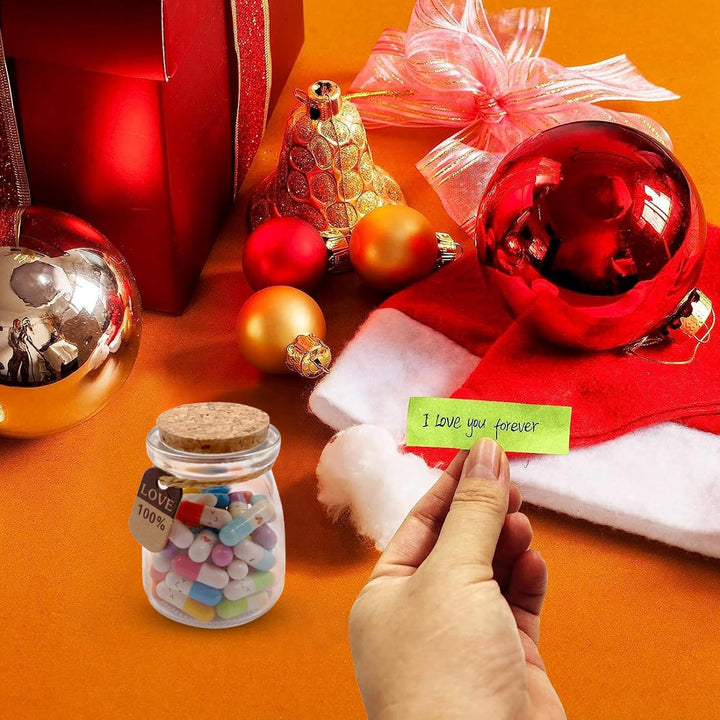 50Pcs Capsule Letters Message in a Glass Bottles, Cute Smiling Face Love Friendship Letter Colors Pill with Wishing Bottle, Message Pills for Boyfriend Girlfriend Lovers Family