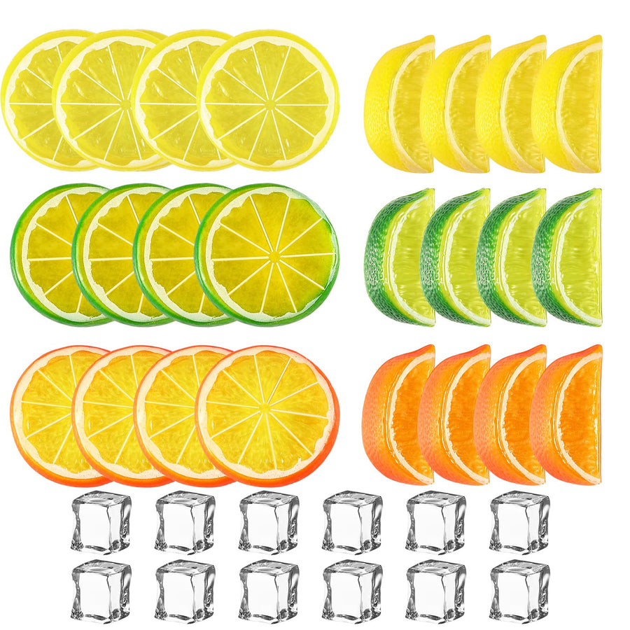 24 Pcs Fake Lemons Slices Blocks and 12 Pcs Acrylic Ice Cube Set Decorative Artificial Fake Ice Cubes Reusable Fake Lemon and Lime Slices Faux Ice Cubes and Lemon Slices for Home Kitchen Office Table