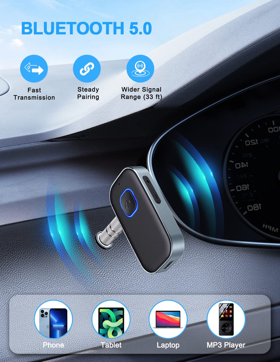 Bluetooth AUX Adapter for Car, Noise Reduction Bluetooth Receiver for Music/Hands-Free Calls, Wireless Audio Receiver for Home Stereo/Speaker, 16H Battery Life/Dual Connect (Black+Gray)