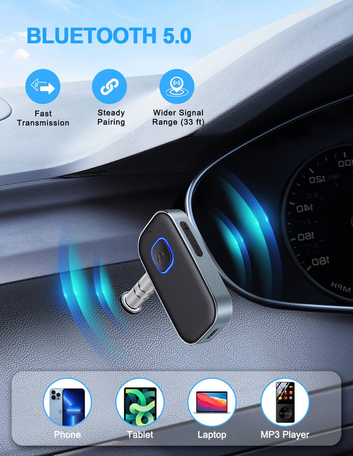 Bluetooth AUX Adapter for Car, Noise Reduction Bluetooth Receiver for Music/Hands-Free Calls, Wireless Audio Receiver for Home Stereo/Speaker, 16H Battery Life/Dual Connect (Black+Gray)