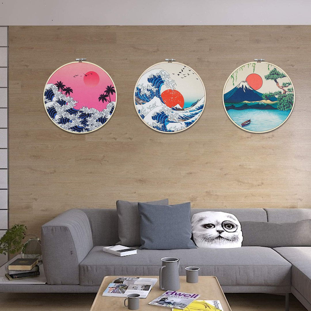 3 Pcs Japanese Wall Art Great Wave Sunset Canvas Art Prints with Frame, Sunrise Lake Landscape Nature Wall Art Painting with Hanging Roping and Nails Wall Hanging for Room(12x12 inches)