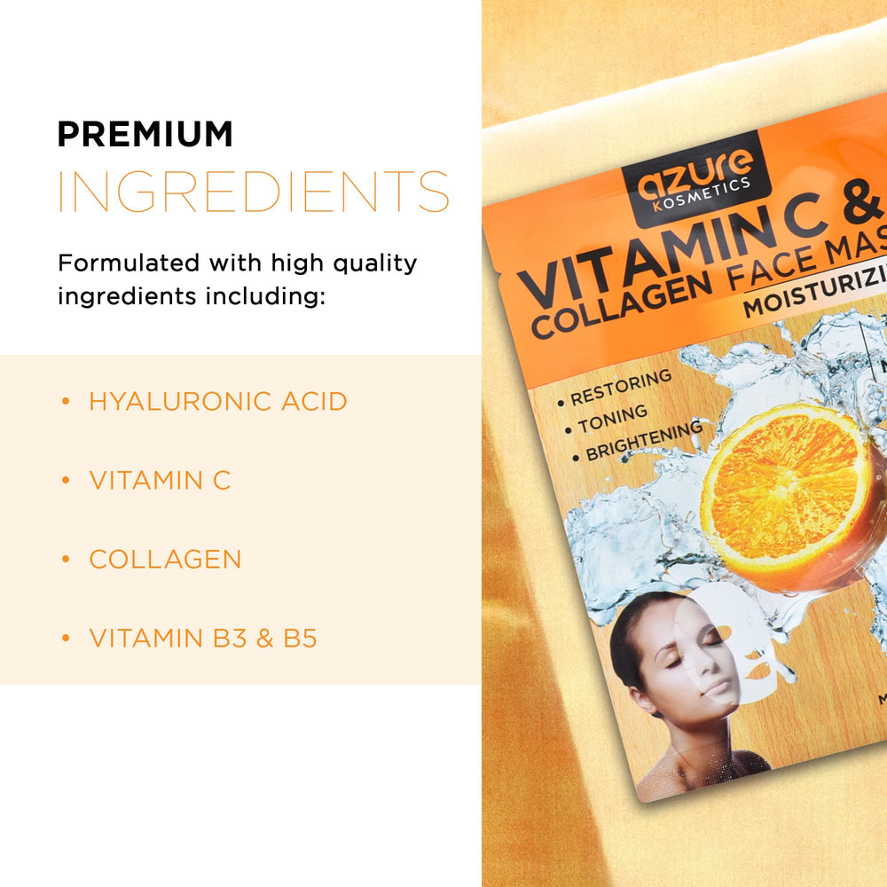 Collagen and Vitamin C Moisturizing Face Mask by Azure - Reduces Signs of Aging | Improve Skinââ‚¬â„¢s Elasticity | Hydrates Your Skin| - 5 Pack