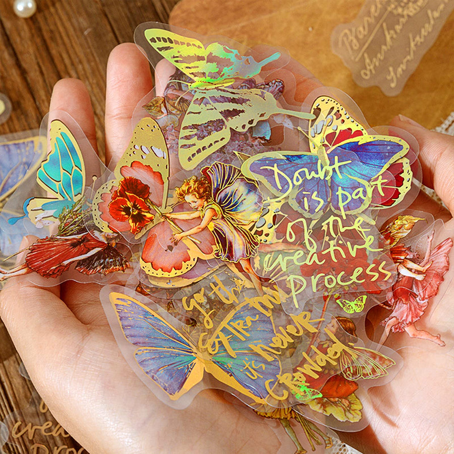 Fairy Gold foil Holographic Stickers Set(120 pieces with 4 Themes)-Resin Transparent Waterproof Stickers,Butterfly,Flower Vintage letter Planner Stickers for Scrapbook Junk Bullet Journals