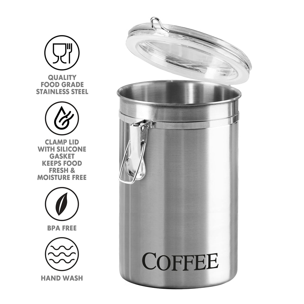 Stainless Steel Coffee Canister 62 fl oz - Airtight Clamp Lid, Clear See-Thru Top - Ideal for Coffee Bean Storage, Ground Coffee Storage, Kitchen Storage, Pantry Storage. Large Size 5 x 7.5.