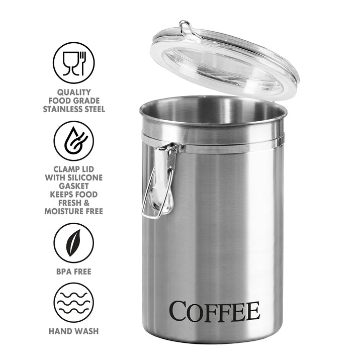 Stainless Steel Coffee Canister 62 fl oz - Airtight Clamp Lid, Clear See-Thru Top - Ideal for Coffee Bean Storage, Ground Coffee Storage, Kitchen Storage, Pantry Storage. Large Size 5 x 7.5.