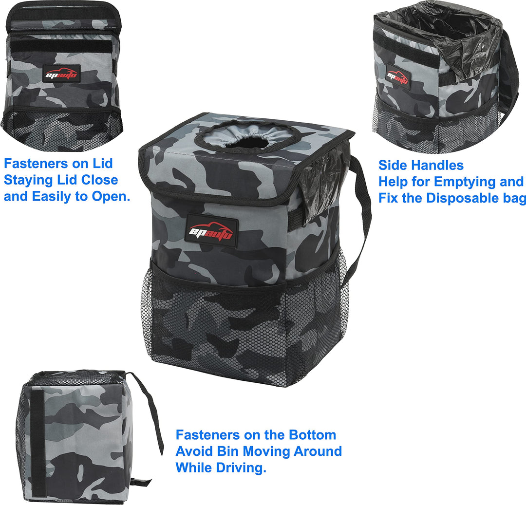 Waterproof Car Trash Can with Lid and Storage Pockets, Camouflage Grey