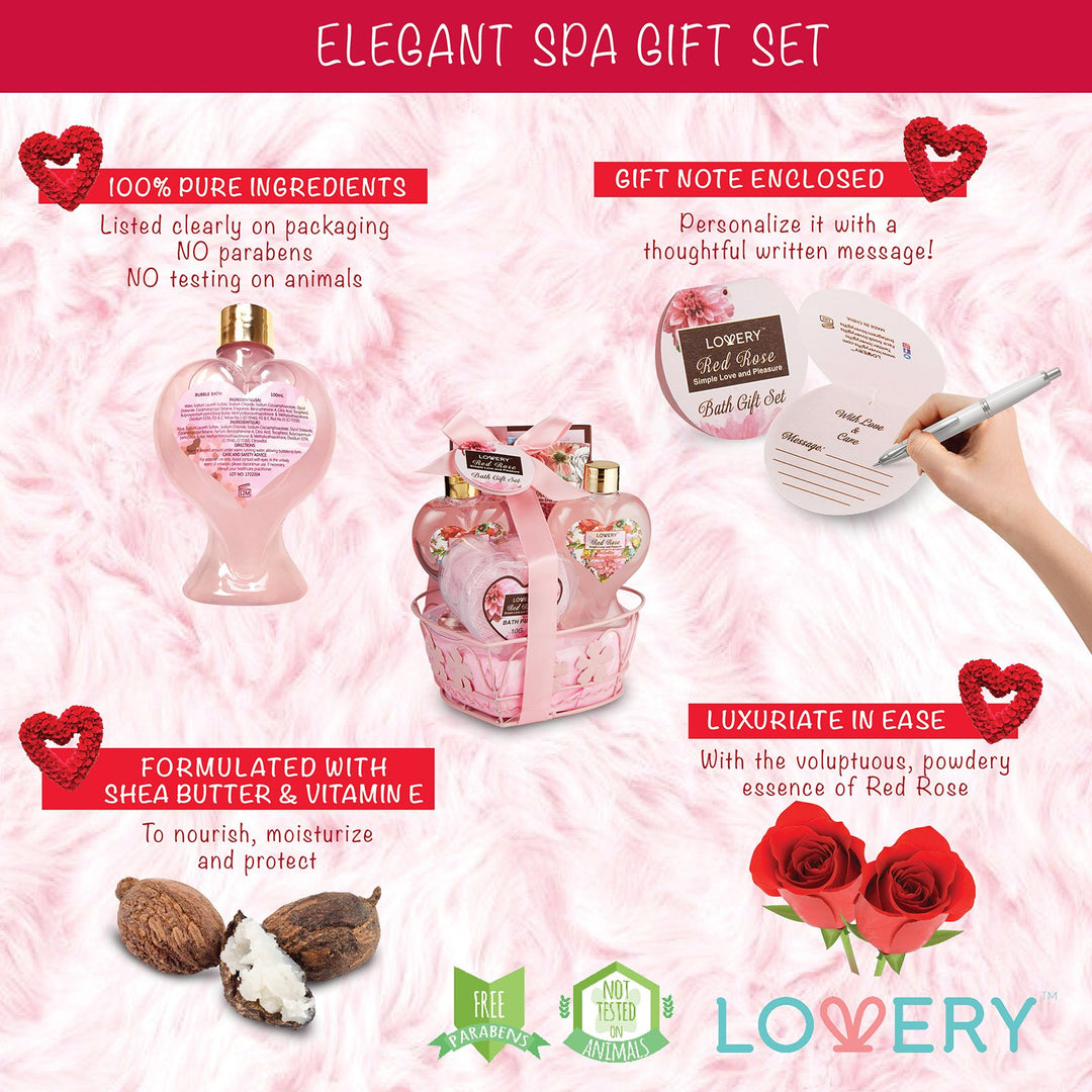 Christmas Gifts From Daughter &amp; Son - Home Spa Gift Basket for Women - Red Rose Scent - Luxury Bath &amp; Body Set with Shower Gel, Bubble Bath, Body Lotion, Bath Salt, Shower Puff and Wired Heart Basket