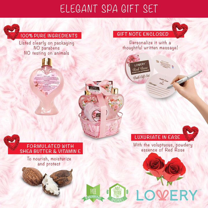 Christmas Gifts From Daughter &amp; Son - Home Spa Gift Basket for Women - Red Rose Scent - Luxury Bath &amp; Body Set with Shower Gel, Bubble Bath, Body Lotion, Bath Salt, Shower Puff and Wired Heart Basket