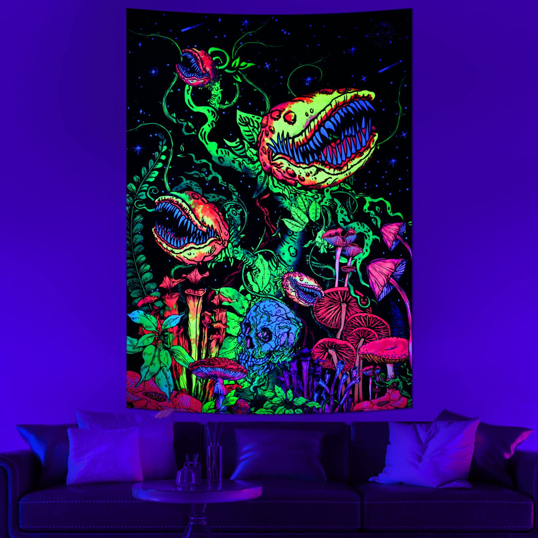 Blacklight Skull Tapestry Flowers and Vines Tapestries UV Reactive Mushroom Tapestry Black Light Posters for Living Room, Bedroom, Aesthetic Glow in The Dark(59.1 x 82.7 inches)