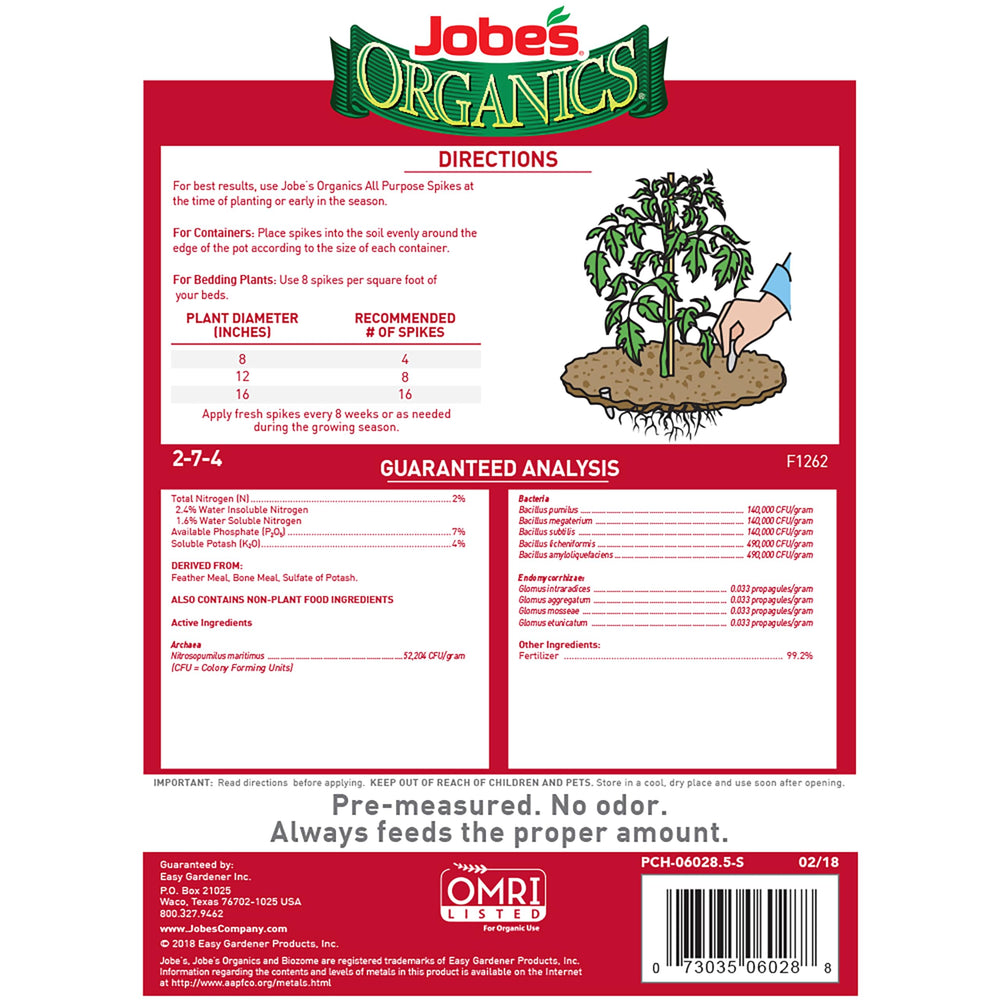 Jobe’s Organics Garden Fertilizer Spikes, Easy Plant Care Fertilizer for Vegetable Gardens and Tomato Plants, 50 Count