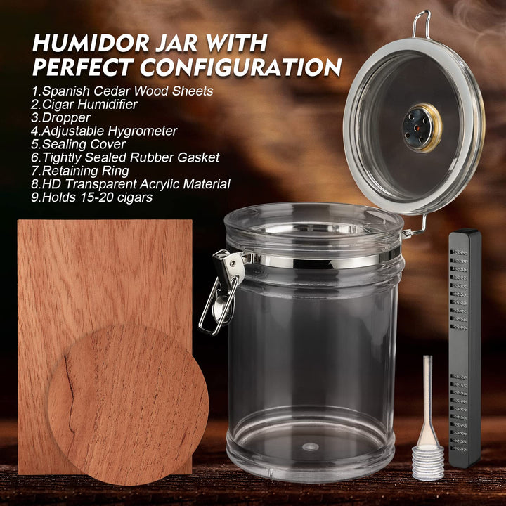 Acrylic Humidor Jar with Humidifier and Hygrometer,humidor That can Hold About 18 Cigars (Clear)