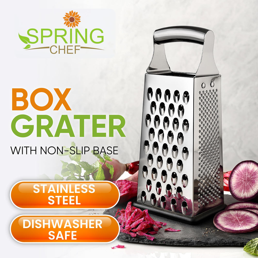 Professional Large Parmesan Cheese Grater, Stainless Steel Metal Box Grater with Handle, 4 Sided Handheld Kitchen Food Shredder for Cheese, Carrot, Veggie, Ginger, Potato - Dishwasher Safe