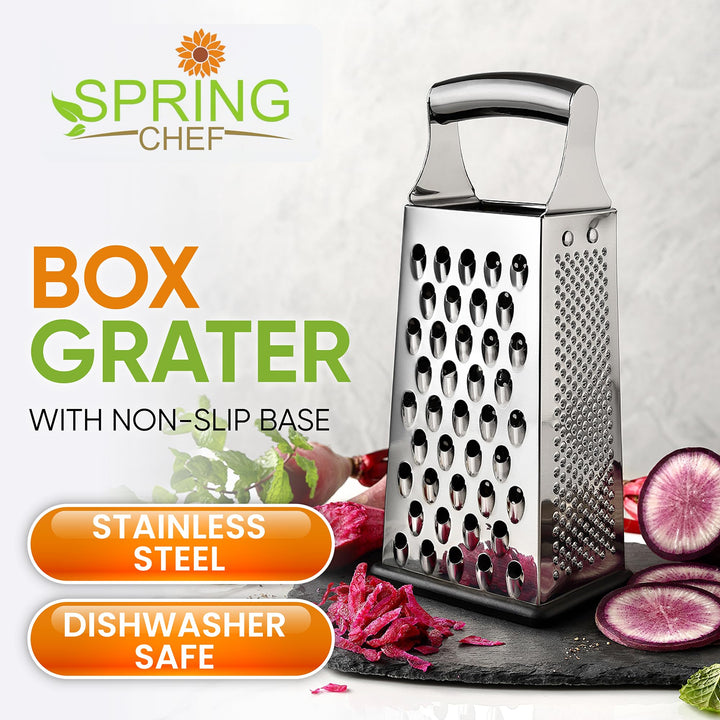 Professional Large Parmesan Cheese Grater, Stainless Steel Metal Box Grater with Handle, 4 Sided Handheld Kitchen Food Shredder for Cheese, Carrot, Veggie, Ginger, Potato - Dishwasher Safe