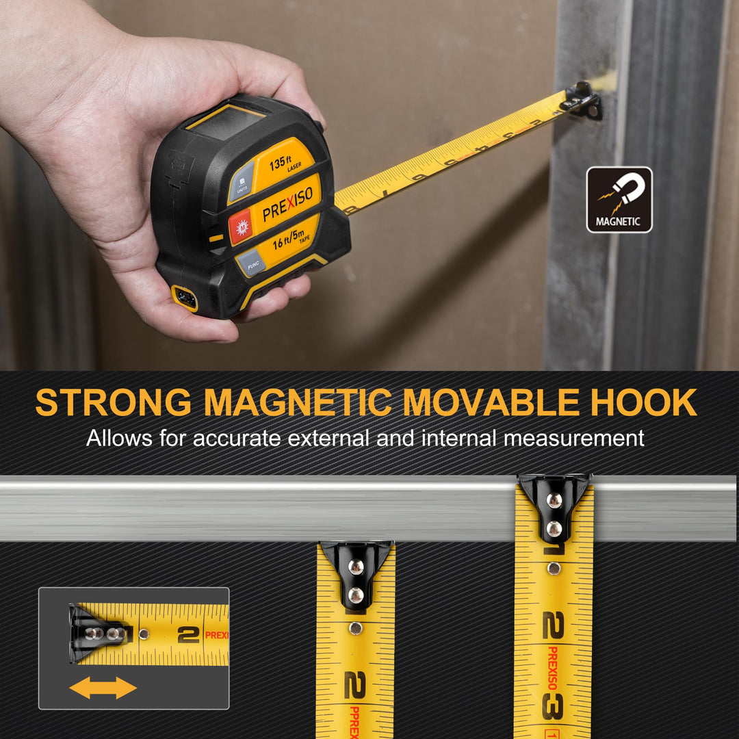 PREXISO 2-in-1 Laser Tape Measure - NOT DIGITAL TAPE - 135Ft Rechargeable Laser Measurement Tool &amp; 16Ft Measuring Tape Movable Magnetic Hook - Pythagorean, Area, Volume, Ft/Ft+in/in/M Unit-NOT Digital