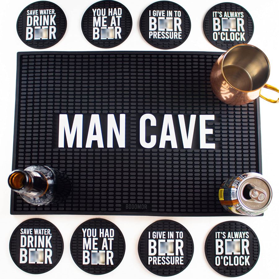 Bodomor Bar Mat & 8 Funny Coasters for Drinks - Coffee Maker Mat & Cup Coasters Set 17.8x11.8 Rubber Drying Mat with Coasters Man Cave Decor (Black)