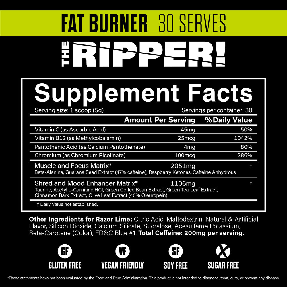 The Ripper! Shredding Thermogenic Fat Burner - Razor Lime 30 Servings | Advanced Fast Acting Thermogenic Pre-Workout, Appetite Suppressant for Men & Women