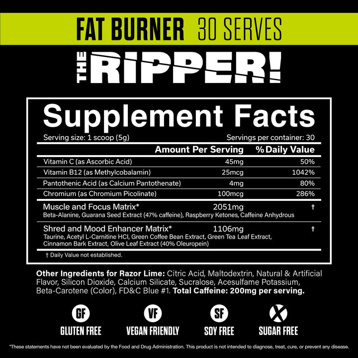 The Ripper! Shredding Thermogenic Fat Burner - Razor Lime 30 Servings | Advanced Fast Acting Thermogenic Pre-Workout, Appetite Suppressant for Men &amp; Women