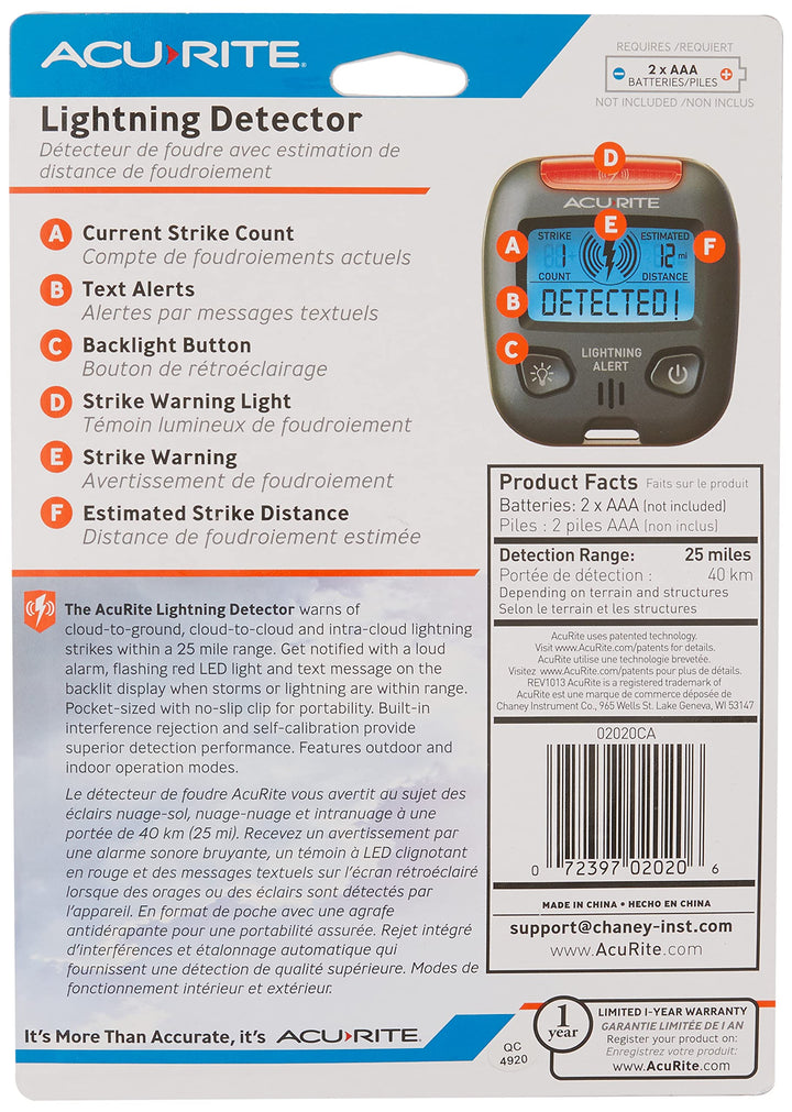 AcuRite 02020 Portable Lightning Detector Black, 2½L x 1W x 2¾H