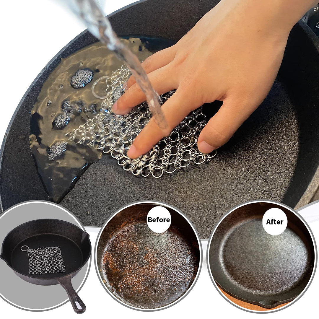 2Pack 4.5inch Stainless Steel Cast Iron Cleaner, Chainmail Scrubber for Pre-Seasoned Pan Pot, Iron Skillet Chain Link Cleaning, Clean Dutch Ovens, Waffle Grills &amp; Griddle Pan Easily, Metal Scrub Tool