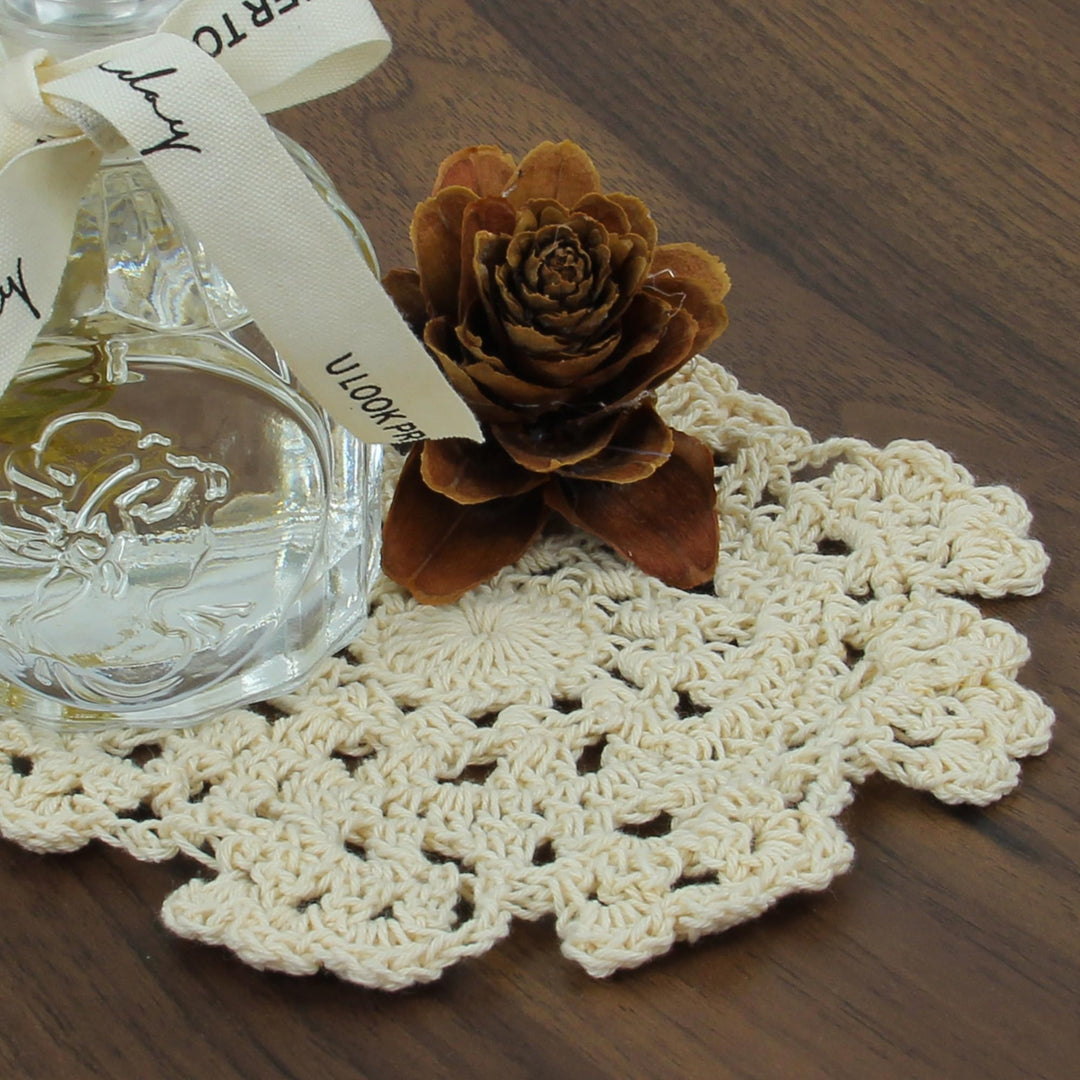 Small Handmade Crochet Round Cotton Lace Table Placemats Doilies for Cup/Glass Value Pack [Set of 4], Medallion, 5 inch, Beige
