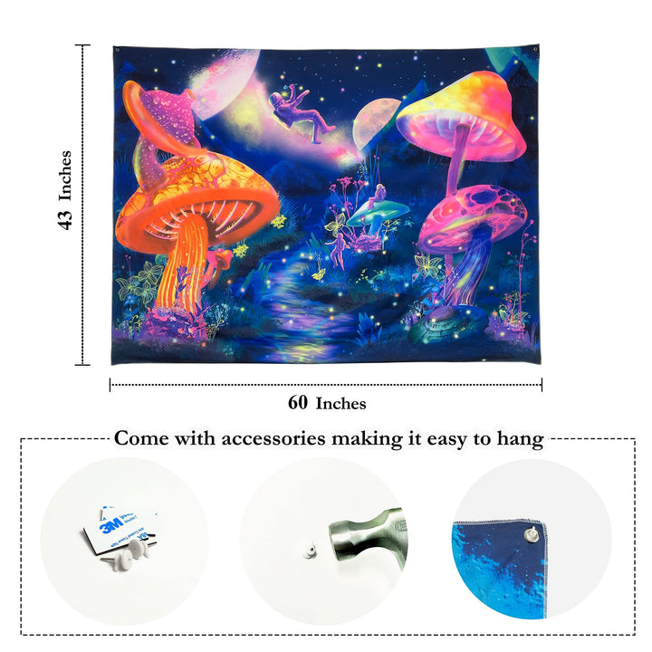 Trippy Tapestry Astronaut and Mushroom Forest Planet Blacklight Tapestry UV Reactive Tapestry for Bedroom Aesthetic Room Decor (60&#39;&#39; x 43&#39;&#39;)
