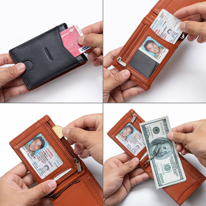 Mens Leather Wallets Slim Minimalist Wallet Bifold Front Pocket Wallet with Money Clip Wallet RFID Blocking Card Wallet for Men Thin Small Wallet with Coin Pocket ID Window (Black&amp;Orange)
